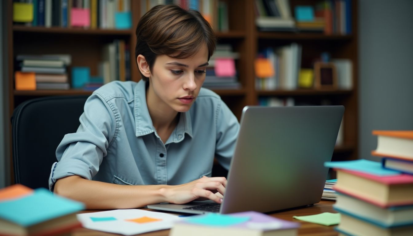 A person is working on a laptop in a cluttered office.